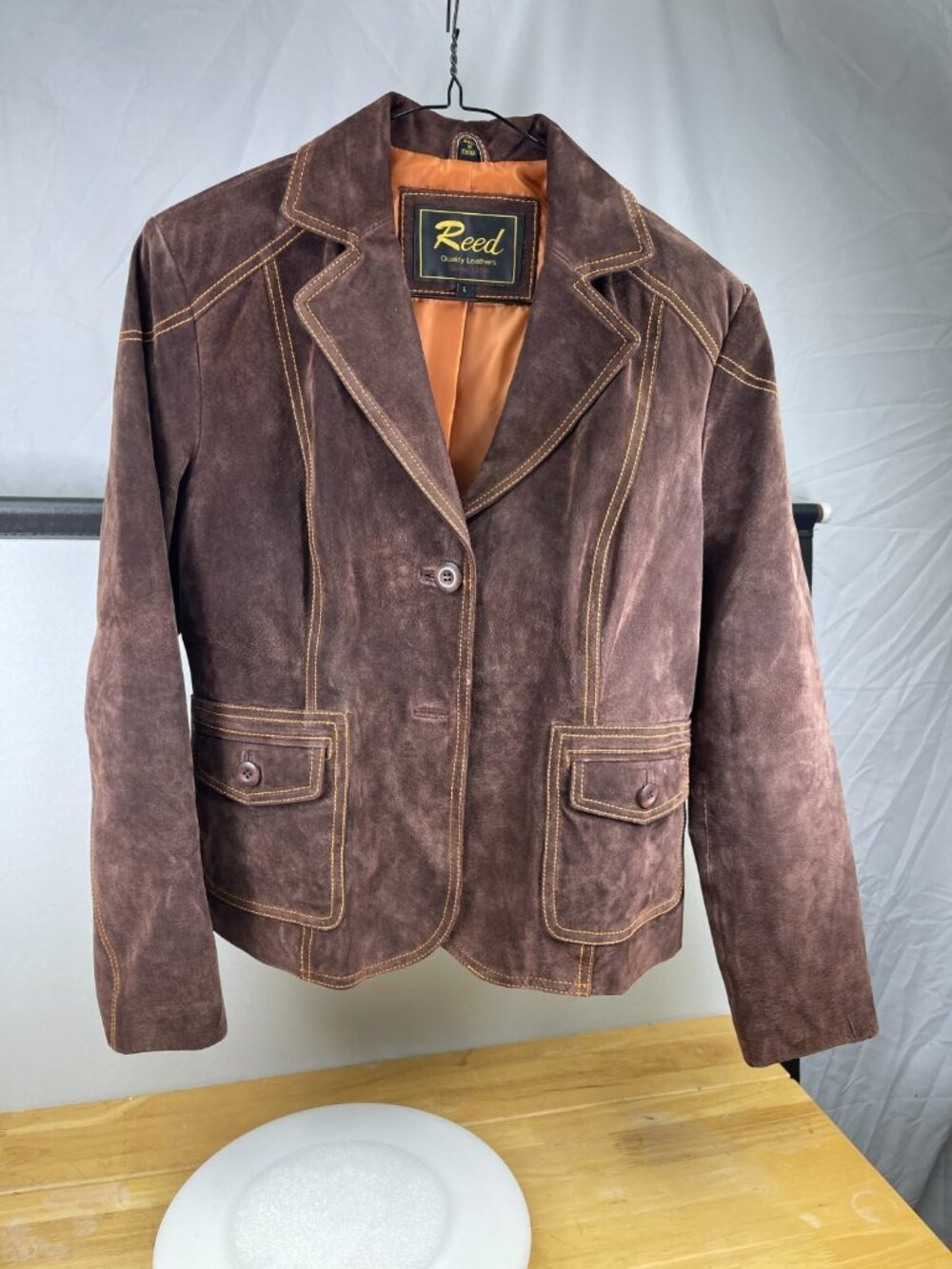 Reed Women’s Brown Suede Leather Blazer Jacket Size L Contrast Stitch